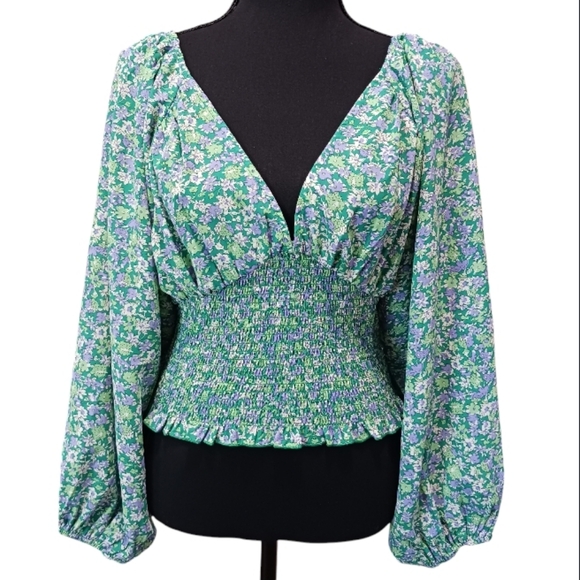 Acoa Tops - ACOA Smocked Plunge Blouse Floral